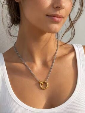 Two Tone Ring Pendant Necklace 316L Stainless Steel Gold Silver Minimalist Style